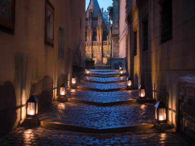 what to photograph in prague after sunset to capture alleyway light and empty squares